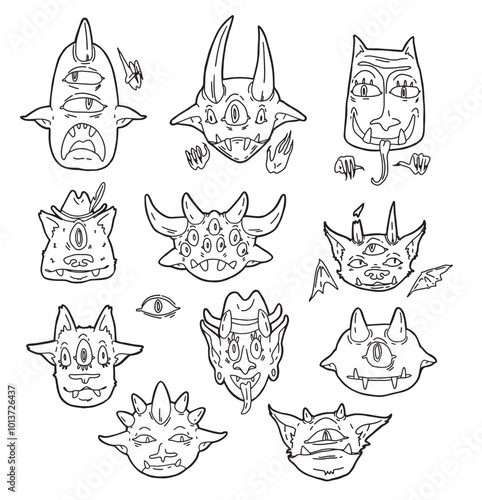 linear vector set of drawn different funny monster faces