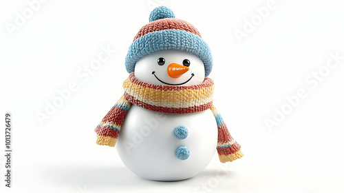 3D Floating Snowman with Colorful Scarf and Hat on White Background - Festive Winter Fun Icon for Holiday Themes and Playful Promotions