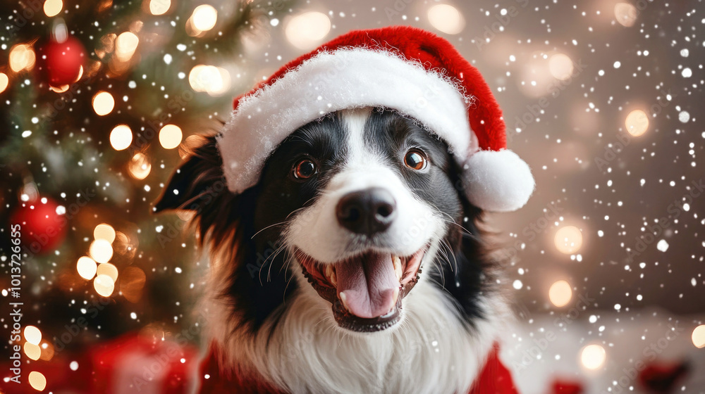 Cheerful Border Collie in Santa hat and cozy sweater by Christmas tree with twinkling lights Cheerful Border Collie in Santa hat and cozy sweater by Christmas tree with twinkling lights