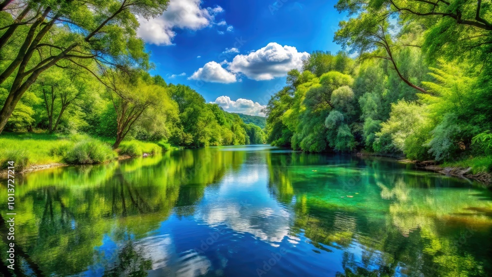 Obraz premium A peaceful river glides through a lush green forest, beneath a bright blue sky, mirroring the stunning landscape on its calm surface.