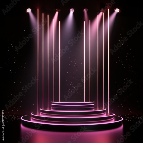 Stage podium with lighting, Stage Podium Scene with for Award Ceremony on black Background. Vector illustration.Stage podium with lighting, Stage Podium Scene with for Award Ceremony on black Backgrou