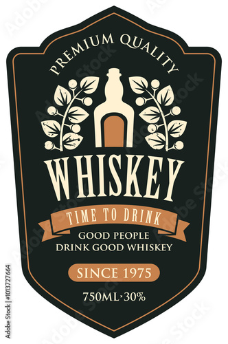 Vector label with inscription Whiskey, and the words Time to drink. A bottle of whiskey and a Laurel wreath on black background in retro style. 