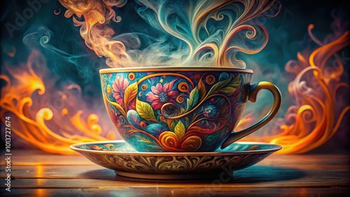 Artistic cup of tea tattoo design featuring intricate details and swirling steam vapor patterns