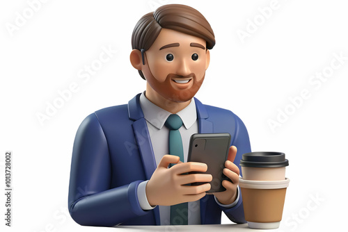 Candid Office Worker Multitasking: Browsing Cyber Monday Sales on Phone During Coffee Break - Close-Up Focused Expression in Busy Environment