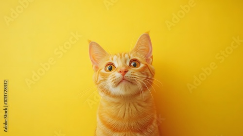 A cute orange cat looking up at the camera, sitting on an isolated yellow background with copy space