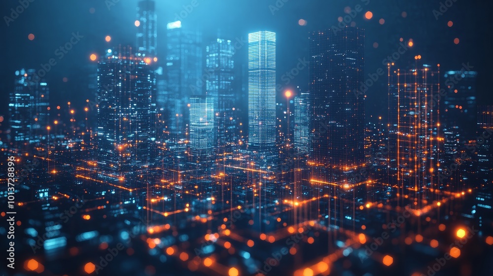 A futuristic city skyline with glowing lights and digital data streams. A futuristic city skyline with glowing lights and digital data streams.