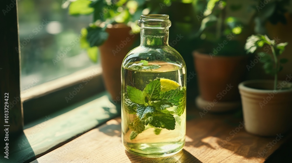 A glass bottle filled with a refreshing drink made with mint and lemon, sitting on a wooden windowsill. A glass bottle filled with a refreshing drink made with mint and lemon, sitting on a wooden windowsill.