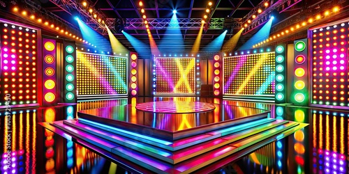 A vivid game show background adorned with brilliant lights and energetic patterns, designed to create a thrilling visual spectacle that engages and excites viewers. photo