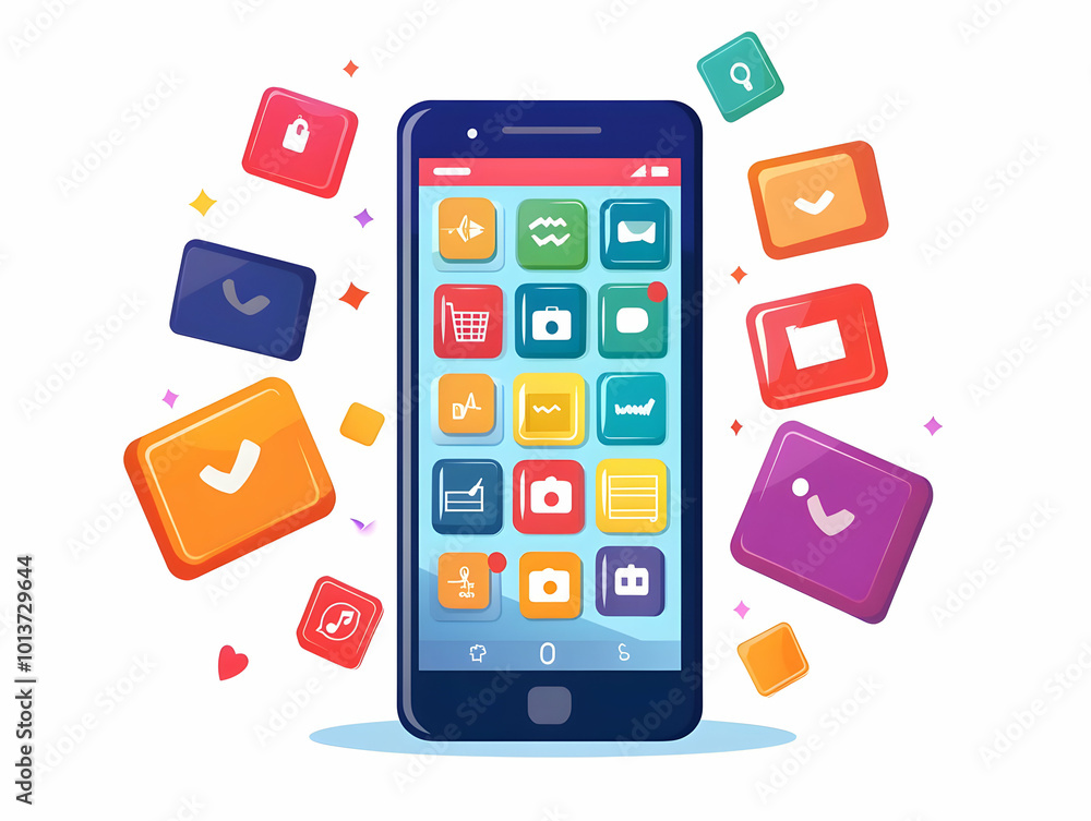 Flat Glossy Background of Smartphone Displaying Cyber Monday Sale Notifications: Vibrant Icons Highlighting Mobile Shopping Importance Flat Glossy Background of Smartphone Displaying Cyber Monday Sale Notifications: Vibrant Icons Highlighting Mobile Shopping Importance