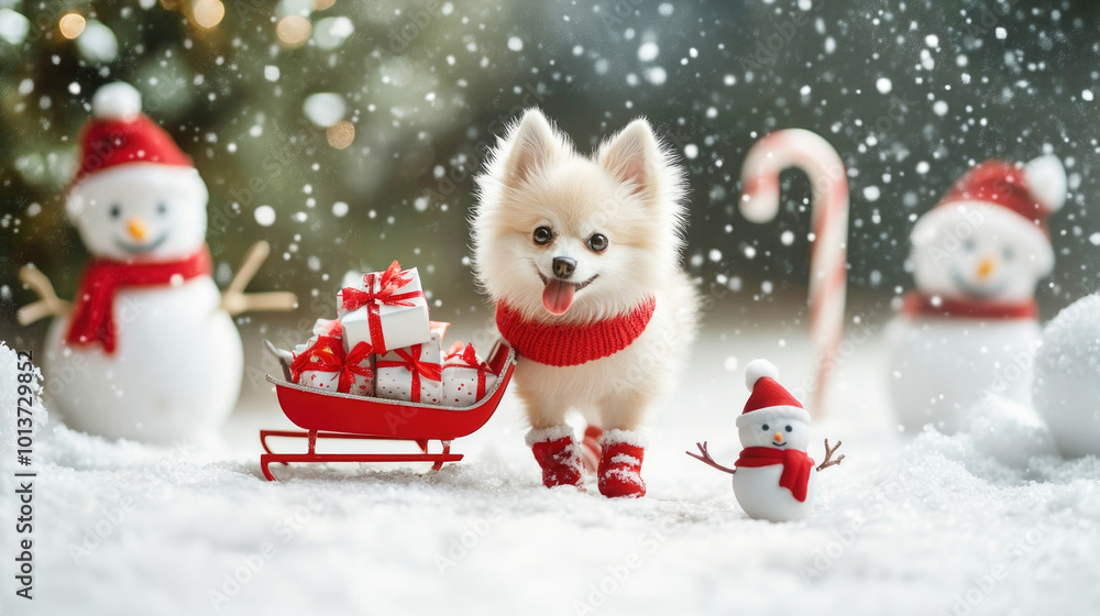 Spitz dog pulls a tiny sled filled with gifts amid snowmen and festive candy canes Spitz dog pulls a tiny sled filled with gifts amid snowmen and festive candy canes