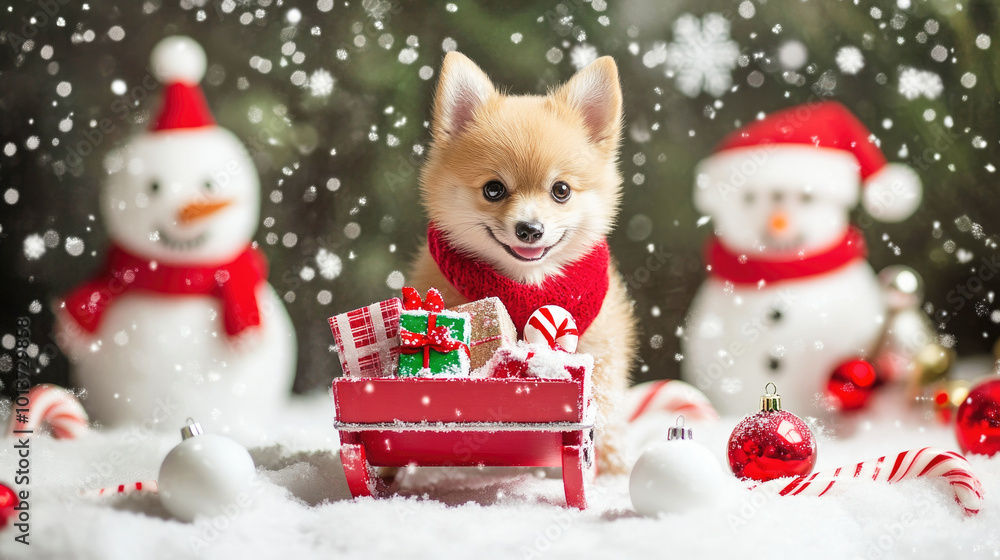 Spitz dog in festive gear pulls a sled full of gifts through a winter wonderland Spitz dog in festive gear pulls a sled full of gifts through a winter wonderland