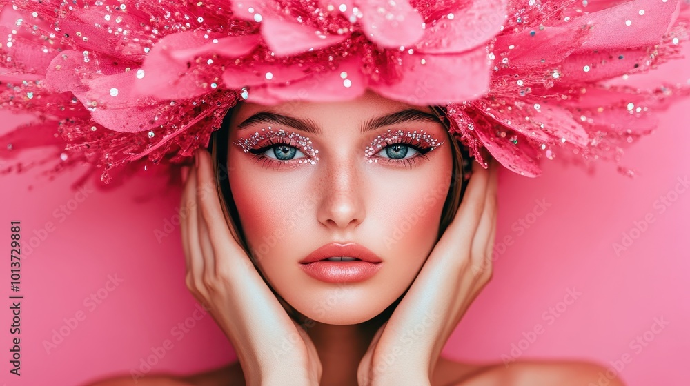 Naklejka premium Glamorous Woman with Bold Pink Floral Headpiece