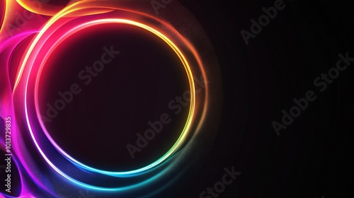 glowing neon color circles round curve shape with wavy dynamic lines isolated on black background technology concept. Circular light frame border