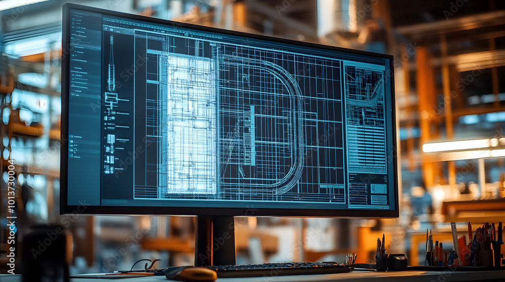 A close-up, realistic image of a construction CAD drawing on a large monitor, with various tools and construction elements visible on the screen. The image highlights the precision of the A close-up, realistic image of a construction CAD drawing on a large monitor, with various tools and construction elements visible on the screen. The image highlights the precision of the