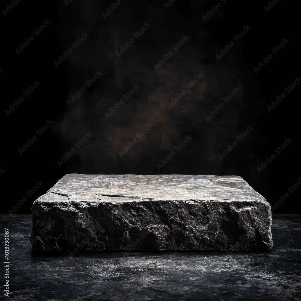 Black marble pedestal on a dark background. 3d rendering. Black marble pedestal on a dark background. 3d rendering.