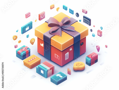 Flat Abstract Glowing Gift Box Surrounded by Digital Shopping Elements - Cyber Monday Deals Illustrating E-commerce and Technology in a Simple Vector Design