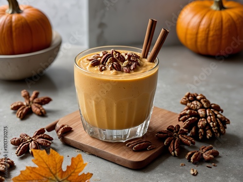 Creamy pumpkin smoothie in a clear glass. Orange hue, a pinch of cinnamon and a handful of chopped pecans for texture and contrast. Pecans and fall leaves. photo