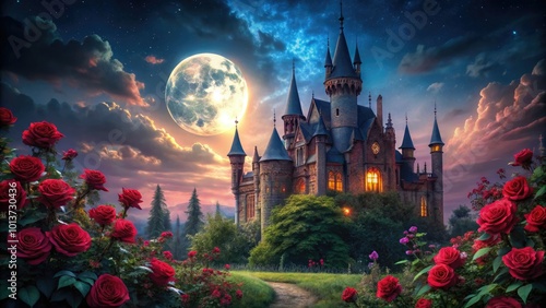 Beneath a moonlit sky, an enchanted gothic castle rises, dark roses flourishing around it, while a mysterious beast lurks in the shadowed night.