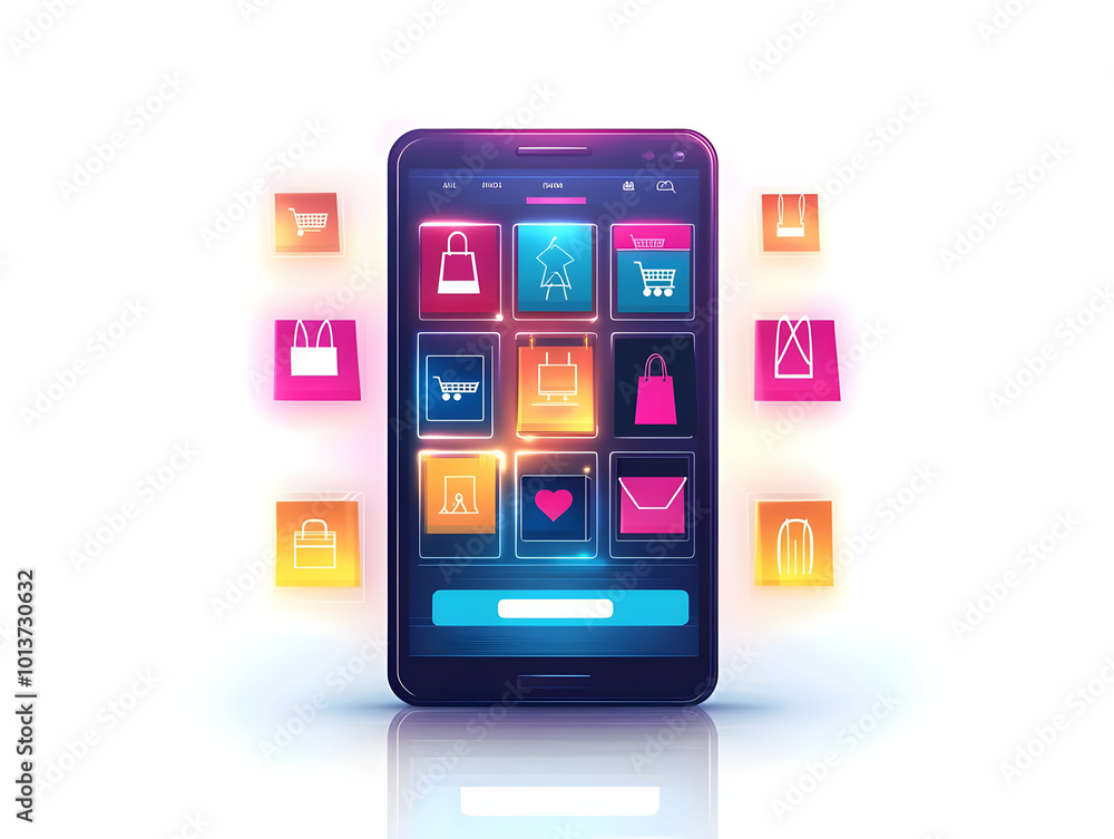 Futuristic Shopping Cart Icon on Flat Glossy Background with Glowing Sales Tags for Cyber Monday Ecommerce Promotions Futuristic Shopping Cart Icon on Flat Glossy Background with Glowing Sales Tags for Cyber Monday Ecommerce Promotions