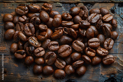 Freshly Roasted Coffee Beans on Rustic Wooden Table - Perfect for Cafe s and Coffee Lovers photo