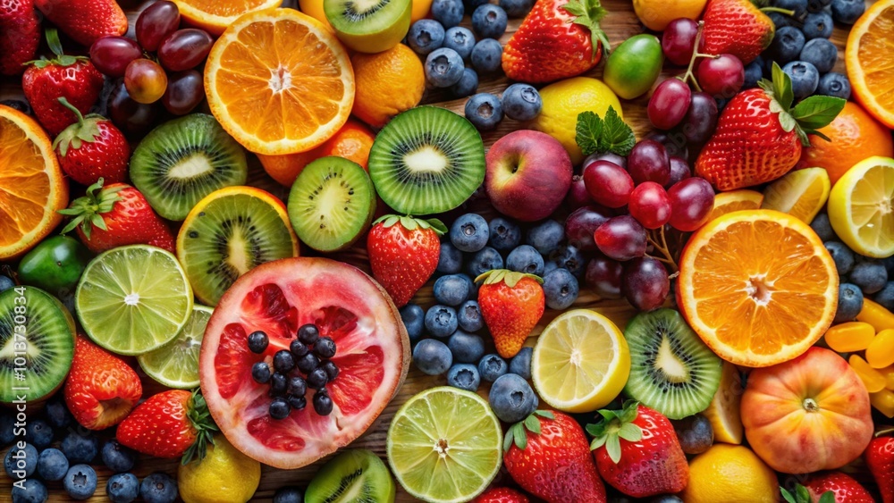 A vibrant assortment of fresh fruits, including strawberries, blueberries, oranges, kiwi, and grapes, arranged on a wooden background. A vibrant assortment of fresh fruits, including strawberries, blueberries, oranges, kiwi, and grapes, arranged on a wooden background.