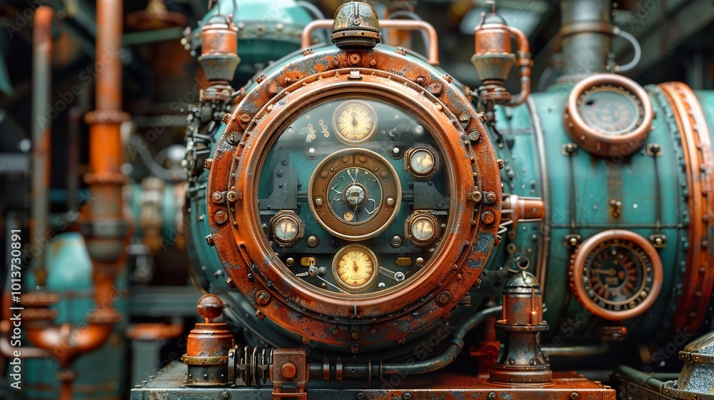 Steampunk Machine: Close-up of a Rusty Industrial Engine Steampunk Machine: Close-up of a Rusty Industrial Engine