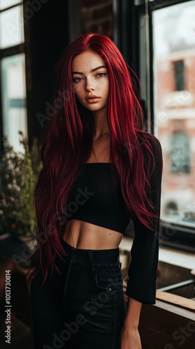 Young woman with deep burgundy hair in black outfit, standing confidently indoors by a window, highlighting her bold look and trendy fashion