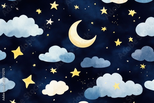 Night sky illustration with moon and stars