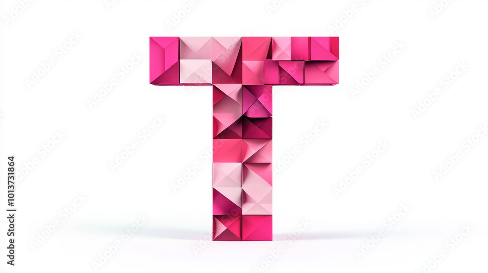 Pink and white 3D letter T, made of geometric shapes. Pink and white 3D letter T, made of geometric shapes.