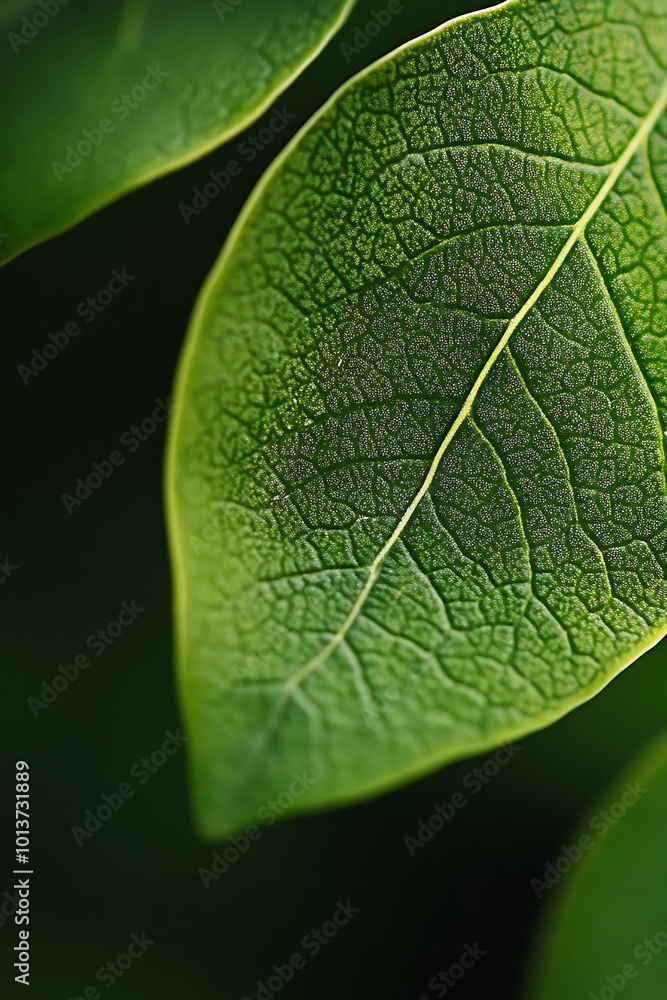 Obraz premium Close up of green leaf veins with dark background. Nature macro photo for wallpaper, poster or branding design