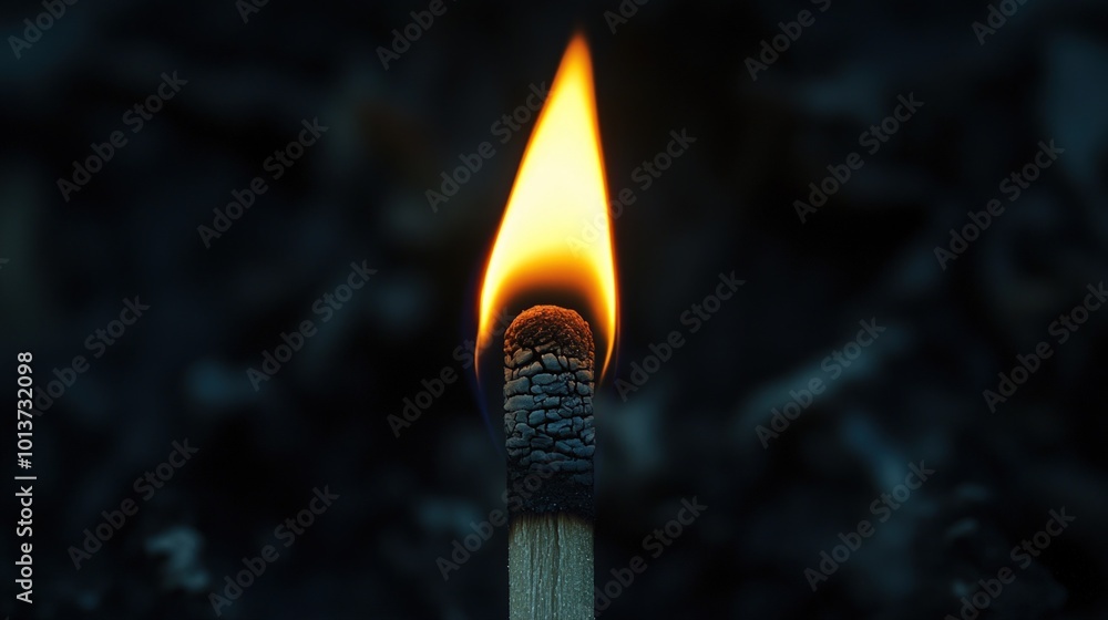A single matchstick burning brightly against a dark background, symbolizing hope and resilience.