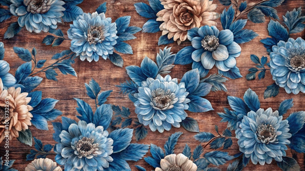 A close-up shot of blue and beige flowers on a rustic wooden background. A close-up shot of blue and beige flowers on a rustic wooden background.