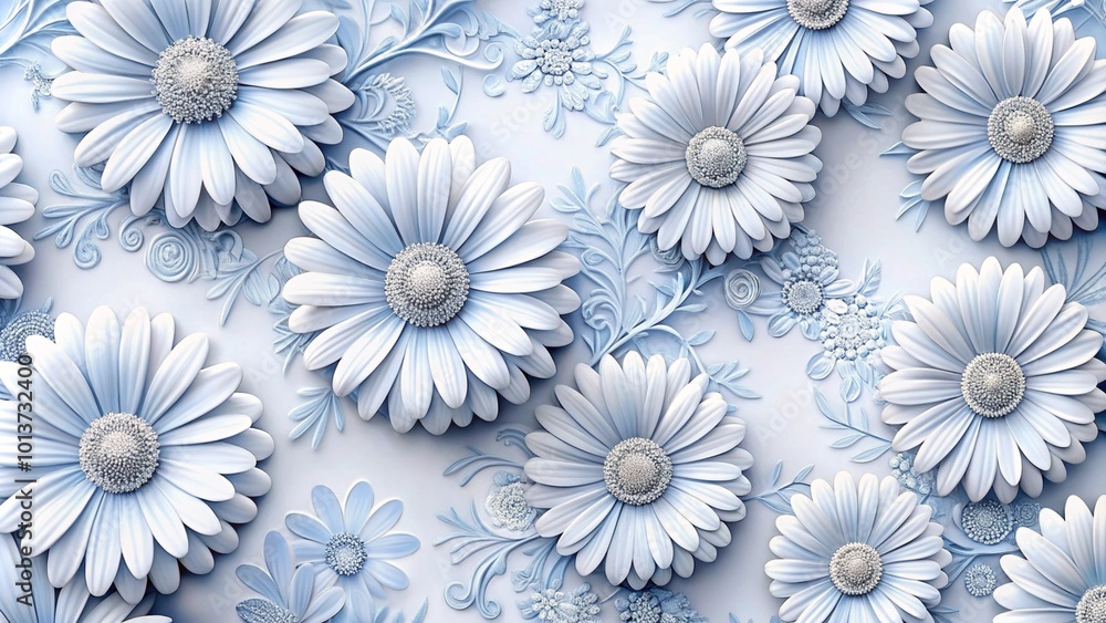 White and blue 3D daisies with floral pattern background. White and blue 3D daisies with floral pattern background.