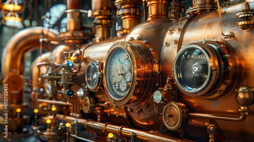 Close Up of Vintage Industrial Machinery with Copper Pipes and Gauges