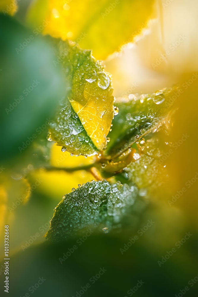 Close up of dew drops on green leaves in the sunshine Close up of dew drops on green leaves in the sunshine