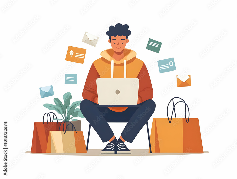 Flat Candid Illustration of a Shopper Entering Discount Codes for Exciting Cyber Monday Deals: Close-Up of Hands and Laptop Screen Flat Candid Illustration of a Shopper Entering Discount Codes for Exciting Cyber Monday Deals: Close-Up of Hands and Laptop Screen