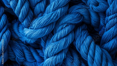 Close-up of rough and twisted blue jute rope,