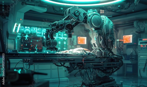 High-tech robot performing surgery, 4K hyperrealistic photo