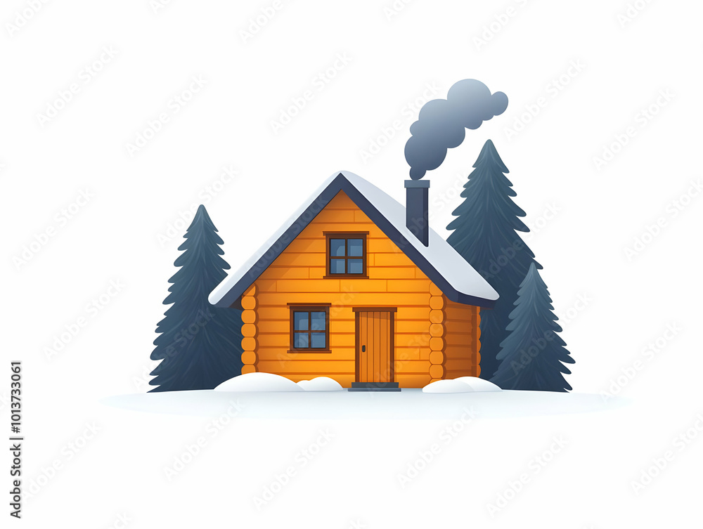 Fototapeta premium Cozy Flat Winter Cabin Icon with Smoke from Chimney on White Background - Perfect for Winter Travel Infographics and Cozy Themed Promotions