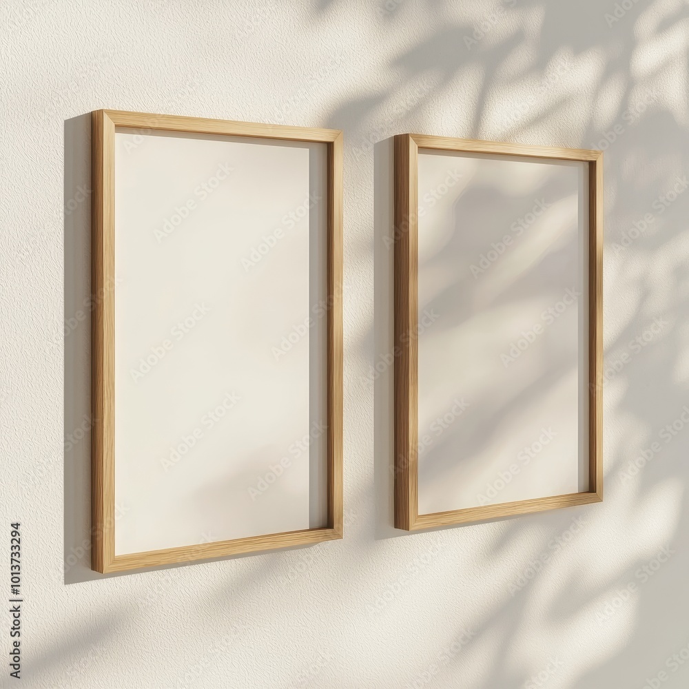 Two wooden frames on a wall with sunlight and shadows, reflecting a minimalist and modern artistic interior style. Two wooden frames on a wall with sunlight and shadows, reflecting a minimalist and modern artistic interior style.