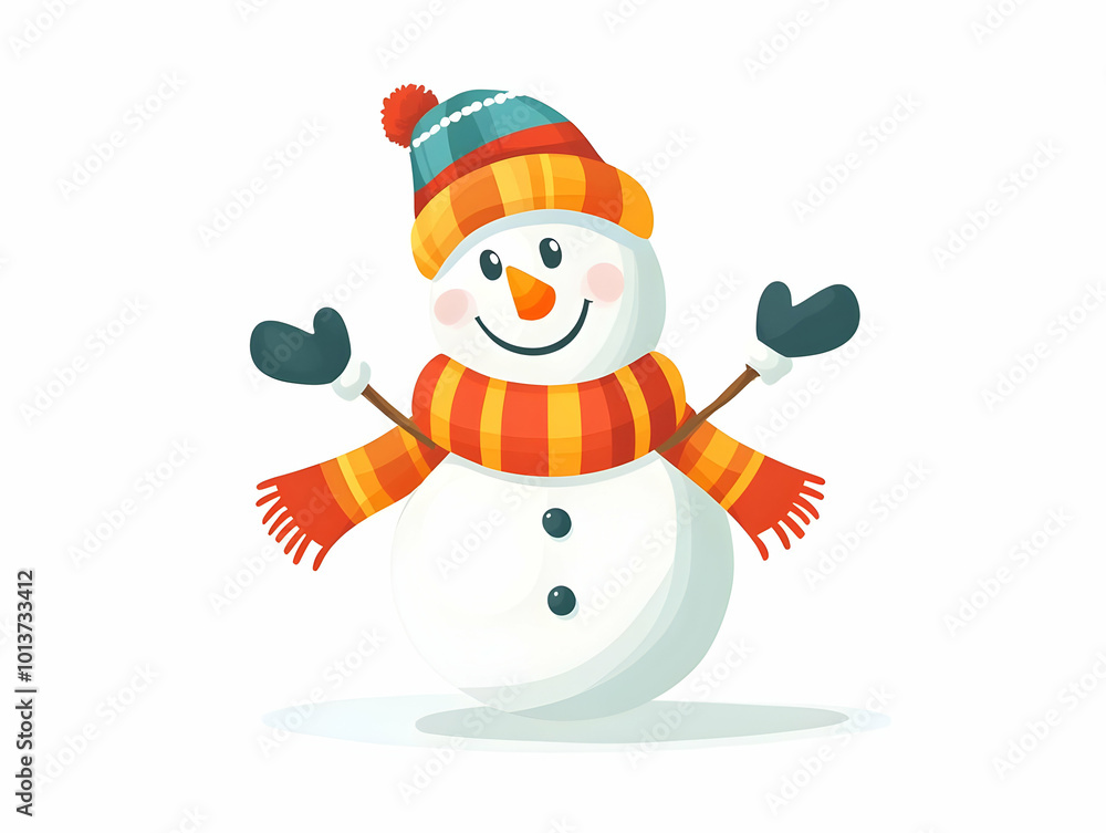 Flat Floating Snowman with Colorful Scarf and Hat Isolated on White - Cute Winter Fun Illustration for Holiday Designs and Promotions Flat Floating Snowman with Colorful Scarf and Hat Isolated on White - Cute Winter Fun Illustration for Holiday Designs and Promotions