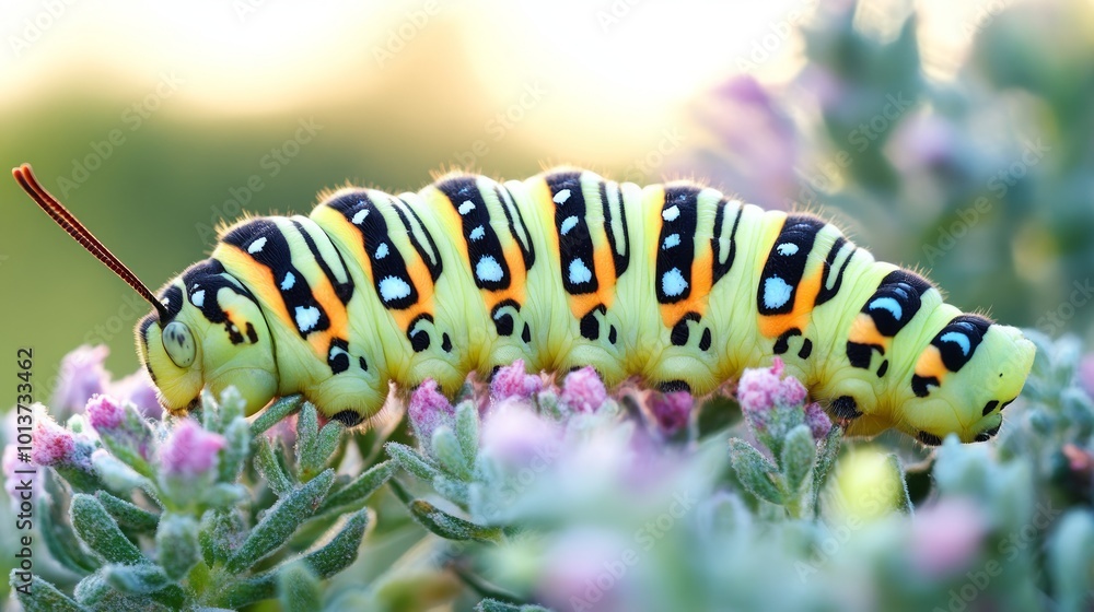 A green and black caterpillar with orange and white markings crawls on a stalk of small purple flowers. A green and black caterpillar with orange and white markings crawls on a stalk of small purple flowers.
