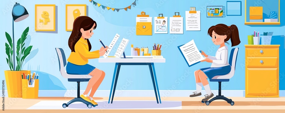 A colorful study room features two girls engaged in learning activities, surrounded by books, stationery, and cheerful decor. A colorful study room features two girls engaged in learning activities, surrounded by books, stationery, and cheerful decor.