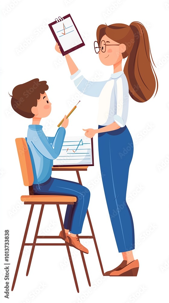 A teacher instructs a student as he sits at a desk, engaged in learning with visual aids and a clipboard. A teacher instructs a student as he sits at a desk, engaged in learning with visual aids and a clipboard.