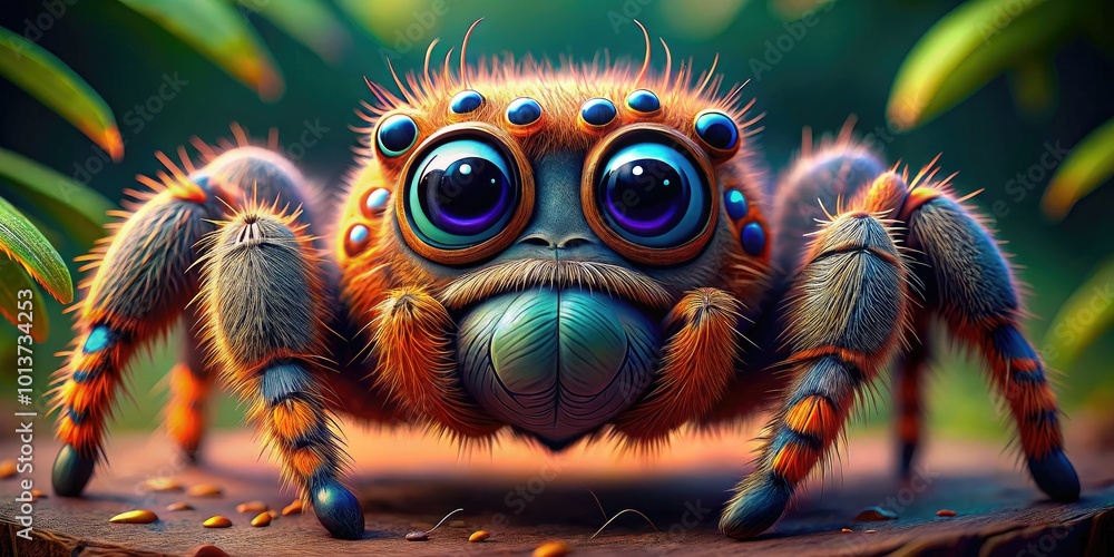 Charming cartoon spider with oversized, sparkling eyes and a cheerful grin, perfect for kids' illustrations and designs, adding a playful touch to any art project. Charming cartoon spider with oversized, sparkling eyes and a cheerful grin, perfect for kids' illustrations and designs, adding a playful touch to any art project.