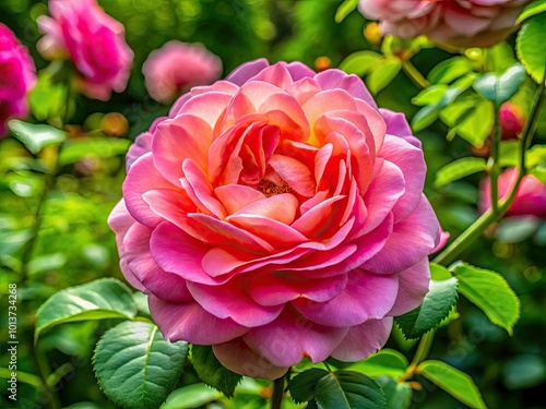 Charming English garden rose flaunts pastel pink petals, encircled by rich green foliage, creating a stunning display of nature's artistry in full bloom.