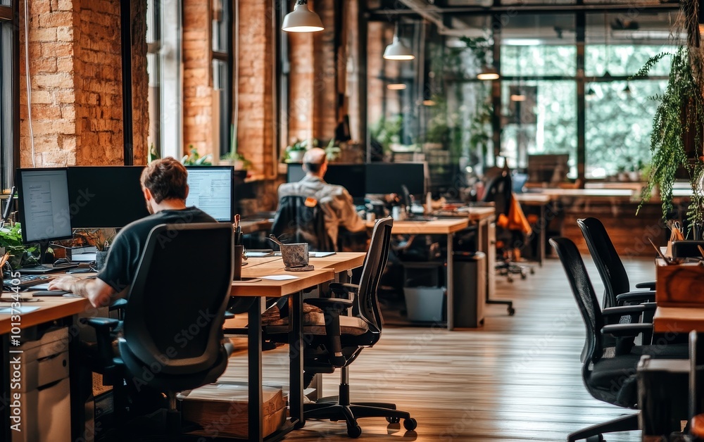 A modern office space featuring desks, computers, and plants, designed for productivity and collaboration. A modern office space featuring desks, computers, and plants, designed for productivity and collaboration.