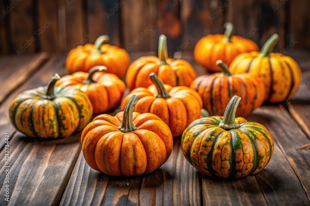 Charming Mini Tiger Pumpkins Displayed Together on Rustic Wooden Table for Autumn Decor Inspiration Charming Mini Tiger Pumpkins Displayed Together on Rustic Wooden Table for Autumn Decor Inspiration
