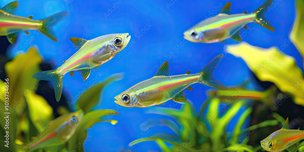 Naklejka premium Fish Finesse: A School of Neon Tetra Fish Swims Through a Planted Aquarium, Their Bright Colors Standing Out Against the Aqua Blue Backdrop