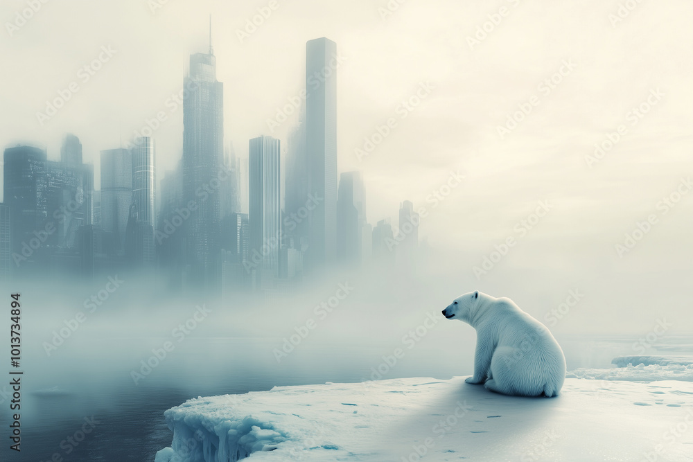 Lonely Polar Bear in Urban Landscape Lonely Polar Bear in Urban Landscape